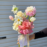 Gia Studio - Daily Vase with reflexed roses, tulips, and seasonal blooms in bubble vase. 