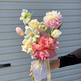 Gia Studio - Daily Vase with reflexed roses, tulips, and seasonal blooms in bubble vase. 